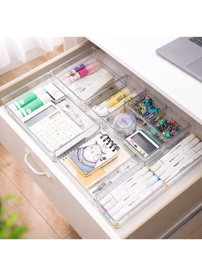 7 PCS Clear Plastic Drawer Organizers Set, Multipurpose Kitchen, Bathroom & Office Drawer Organizer Trays, Storage Bins for Makeup, Jewelry, Kitchen Utensils & Office Supplies, 4 Sizes - Image 1